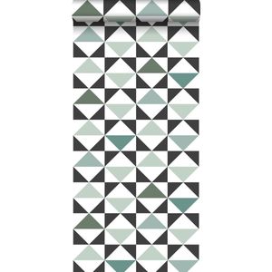 ESTAhome behang grafische driehoeken wit, zwart, mintgroen en vergrijsd zeegroen - 139096 - 0,53 x 10,05 m