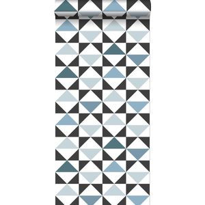 ESTAhome behang grafische driehoeken wit, zwart, vintage blauw en lichtblauw - 139097 - 0,53 x 10,05 m