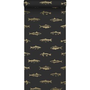 ESTAhome behang pentekening vissen zwart en goud - 139124 - 0,53 x 10,05 m