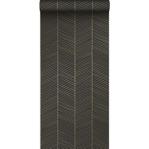 ESTAhome behang visgraat-motief zwart en goud - 139136 - 0,53 x 10,05 m