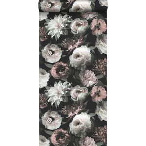 ESTAhome behang bloemen zwart, wit en zacht roze - 139169 - 0,53 x 10,05 m