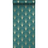 ESTAhome Behang Art Deco Motief Petrolblauw en Goud - 139230 - 0,53 X 10,05 M