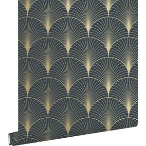 ESTAhome Behang Art Deco Motief Donkerblauw en Goud - 139231 - 0,53 X 10,05 M