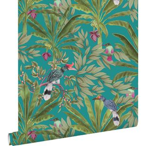 ESTAhome behang tropische jungle bladeren en paradijsvogels petrolblauw en jungle groen - 139233 - 0,53 x 10,05 m