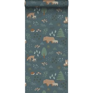 ESTAhome behang bos met bosdieren vergrijsd blauw - 0,53 x 10,05 m - 139248