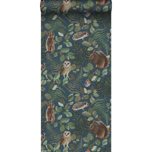 ESTAhome behang bosdieren donkerblauw, groen en bruin - 139250 - 0,53 x 10,05 m