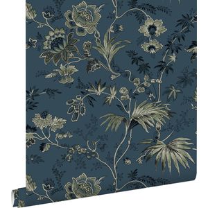 ESTAhome behang vintage bloemen donkerblauw en olijfgroen - 139315 - 0,53 x 10,05 m