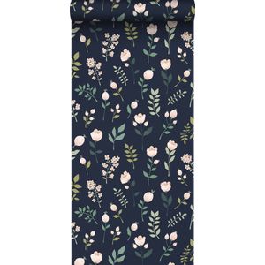 ESTAhome behang bloemen donkerblauw, roze en groen - 0,53 x 10,05 m -