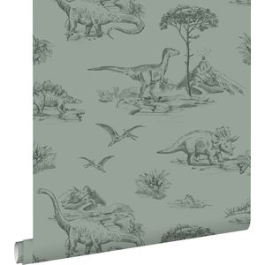 ESTAhome behang dinosaurussen vergrijsd groen - 139358 - 0,53 x 10,05 m