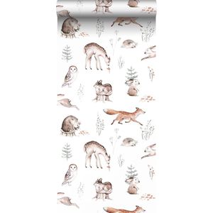ESTAhome behang vintage bosdieren wit, oranje en bruin - 53 cm x 10.05 m - 139399