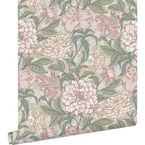 ESTAhome Behang Vintage Bloemen Oudroze en Vergrijsd Groen - 139377 - 0,53 X 10,05 M