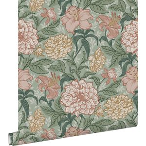 ESTAhome behang vintage bloemen groen en oudroze - 139378 - 0,53 x 10,05 m