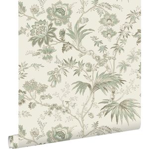 ESTAhome behang vintage bloemen crème en vergrijsd groen - 139400 - 0.53 x 10.05 m