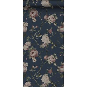 ESTAhome Behang Vintage Bloemen Donkerblauw en Oudroze - 139409 - 0.53 X 10.05 M