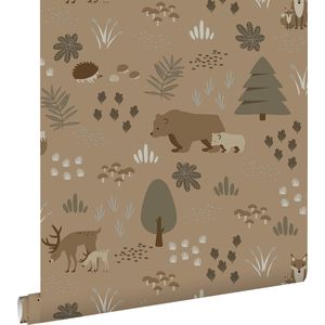 ESTAhome behang bos met bosdieren beige bruin - 0.53 x 10.05 m - 139410