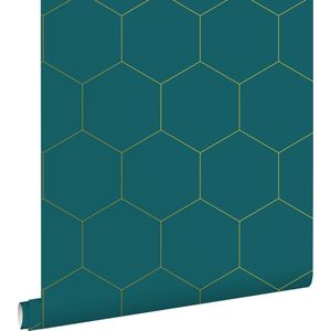 ESTAhome behang hexagon petrolblauw en goud - 139455 - 0,53 x 10,05 m