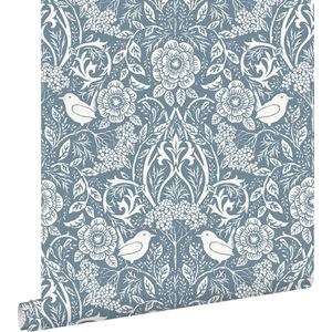 ESTAhome behang bloemen en vogels in art nouveau stijl vergrijsd blauw