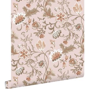 ESTAhome behang vintage bloemen oudroze, terracotta en groen - 53 cm x 10.05 m - 139478