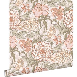 ESTAhome behang vintage bloemen oudroze en groen - 53 cm x 10.05 m - 139479