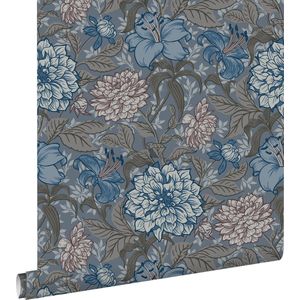 ESTAhome behang vintage bloemen vergrijsd blauw en warm grijs - 0.53 x