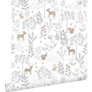 ESTAhome behang bos met bosdieren lila paars en beige - 53 cm x 10.05 m - 139520