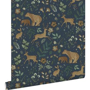 ESTAhome behang bos met bosdieren donkerblauw en beige - 53 cm x 10.05 m - 139588