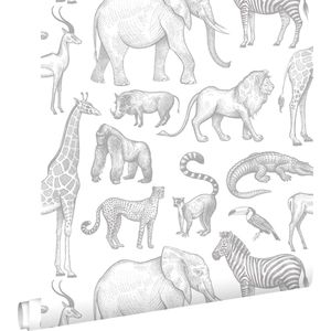 ESTAhome behang jungle dieren wit en grijs - 0.53 x 10.05 m - 139691