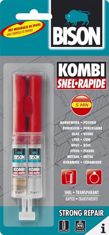 Bison - Kombi Snel - Lijm - Glashelder - 24 ml - Met Mengbakje en Spatel