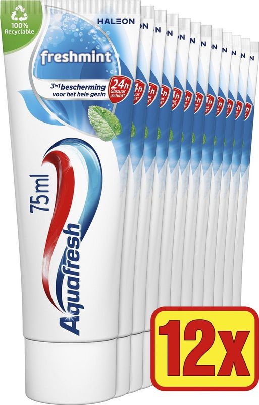 Aquafresh - Freshmint - 3in1 Tandpasta - Voordeelverpakking 12 x 75ml - Recyclebare Tube