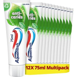 Aquafresh Anti Cariës tandpasta voor gezonde tanden, voordeelverpakking 12- pack, recyclebare plastic tube en dop