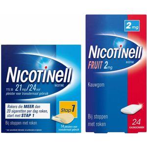 Nicotinell - Combinatie Therapie - Pleister 21 mg - 14 st + Kauwgom Fruit 2 mg - 24 st Pakket