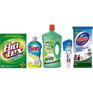 Andy, Biotex, Glorix, Prodent et Sun Camping Pack - Poudre à Lessive, Lingettes Hygiéniques, Détergent Main, Nettoyant Tout, Dentifrice - 1 paquet