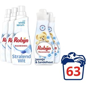 Robijn Klein & Krachtig 3x Wasmiddel Stralend Wit en 2x Jasmijn Sandelhout Wasverzachter