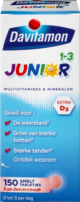 Davitamon Junior vitaminen 1-3 jaar - multivitamine kinderen - 150 smelttabletjes - Aardbeiensmaak