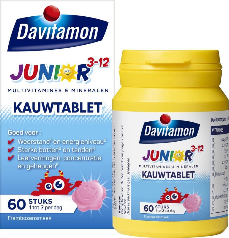 Davitamon Junior 3+ kauwvitamines - multivitamine kinderen - framboos - 60 tabletten
