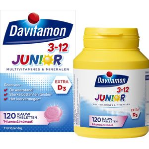 Davitamon Junior 3+ kauwvitamines - multivitamine kinderen - framboos - 120 stuks