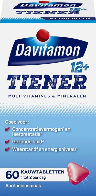 Davitamon Multi Boost 12+ Kauwvitamines - multivitaminen kinderen – aardbei smaak - 60 kauwtabletten