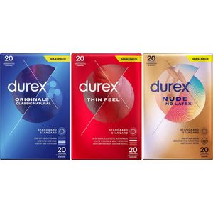 Durex - 60 Condooms - Thin Feel 20 stuks - Classic Natural 20 stuks - Nude No Latex Huid op Huid gevoel 20 stuks - Voordeelverpakking