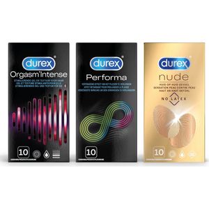 Durex - 30 stuks Condooms - Orgasm Intense 1x10 stuks - Performa 1x10 stuks - Nude No Latex 1x10 stuks - Voordeelverpakking