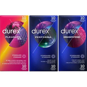 Durex - 30 stuks Condooms - Pleasure Me 10 stuks met ribbels - Orgasm Intense Stimulerende Gel 10 stuks - Performa 10 stuks vertragende effect - Voordeelverpakking
