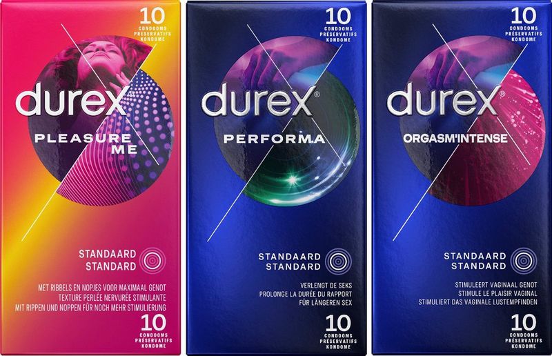 Durex - 30 stuks Condooms - Pleasure Me 10 stuks met ribbels - Orgasm Intense Stimulerende Gel 10 stuks - Performa 10 stuks vertragende effect - Voordeelverpakking