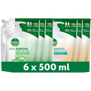 Dettol - 3L Handzeep Navulling - Antibacterieel - Sensitive 3x500ml - Aloë Vera 3x500ml - Voordeelverpakking