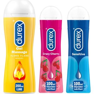 Durex - 3 Glijmiddelen Waterbasis - Play Massage 2/1 Sensitive 200ML - Play Sensitive Gel 100ML - Crazy Cherry 100ML