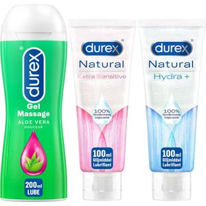 Durex - 3 Glijmiddelen Waterbasis - Play Massage 2/1 Aloe 200ML - Natural Hydratant Gel 100ML - Natural Extra Sensitive Gel 100ML