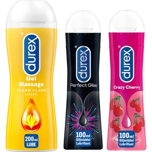 Durex - 3 Glijmiddelen - Play Massage 2/1 Sensitive 200ML - Perfect Gel Gliss 100ML - Crazy Cherry waterbasis 100ML