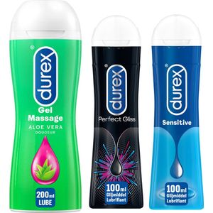 Durex - 3 Glijmiddelen - Play Massage 2/1 Aloe 200ML - Perfect Gel Gliss 100ML - Play Sensitive Gel 100ML