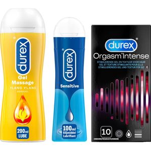 Durex - Play Massage 2/1 Sensitive 200ML - Sensitive Glijmiddel 100ML - Condooms Orgasm Intense Stimulerende Gel 10st