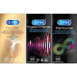 Durex - Perfoma Condooms 10 stuks, Nude Extra Lube Condooms 10 stuks & Orgasm Intense Condooms 10 stuks Pakket