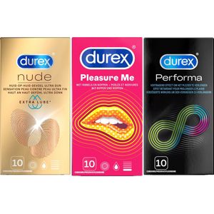 Durex - 30 Condooms - Performa 10st met vertragend effect - Nude Extra Dun en Lube 10st - Pleasure Me geribbelde condooms 10st - Voordeelverpakking