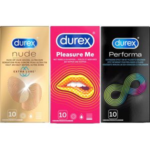 Durex - Nude Extra Lube Condooms 10 stuks, Pleasure Me Condooms 10 stuks & Performa Condooms 10 stuks - Pakket